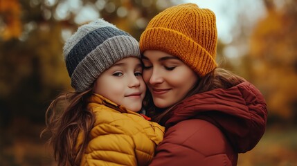 Fototapeta premium A mother embraces her daughter in warm jackets during a crisp autumn afternoon in a vibrant park filled with colorful leaves