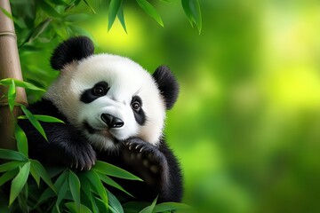 A panda bear resting in a bamboo grove, surrounded by the rich greenery and dappled sunlight, creating a serene and peaceful image