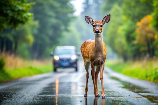 Young deer on a wet road in front of a car
