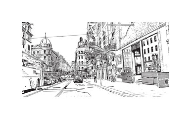 Print Building view with landmark of  Stockholm is the capital in Sweden. Hand drawn sketch illustration in vector.