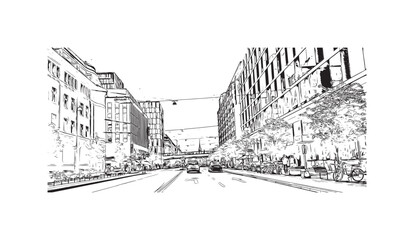 Fototapeta premium Print Building view with landmark of Stockholm is the capital in Sweden. Hand drawn sketch illustration in vector.