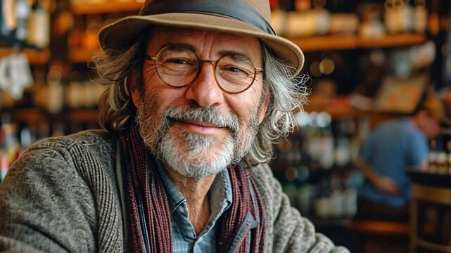 A booze store owner is seated in front of an open laptop.