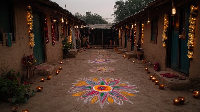 A picturesque village street decorated with vibrant rangoli, flickering oil lamps, and festive lights, capturing the traditional spirit of Diwali.