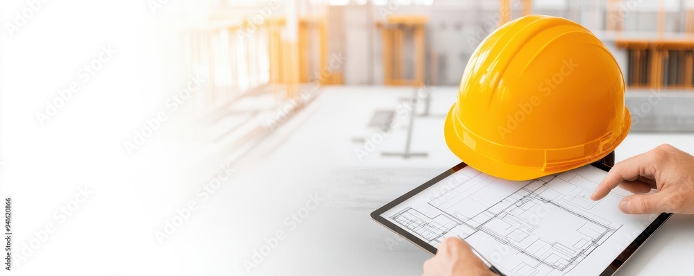 Poster an architect showing a builder design plans on a tablet, with a construction site in the background