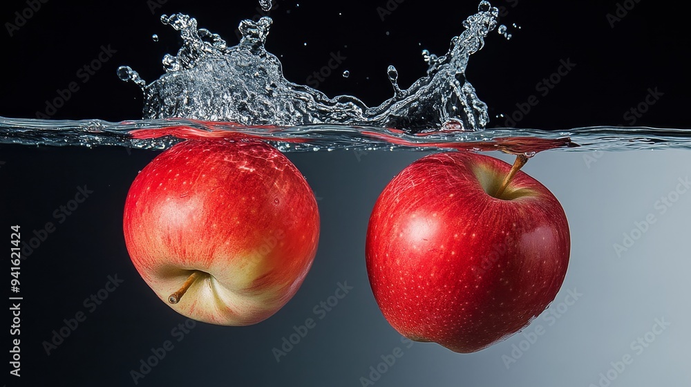 Poster two vibrant red apples splash into a clear water surface, creating a dynamic scene of bubbles and ri
