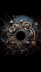 Abstract 3D rendering of a circular design with various gold and black geometric shapes, including spheres, lines, and circles, against a dark background.