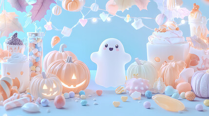 A cute ghost figure surrounded by pastel colored pumpkins, sweets, and decorations creates whimsical Halloween scene. soft colors evoke playful and cheerful atmosphere.