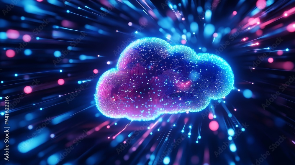 Poster a 3d illustration of a cloud computing concept with glowing lines symbolizing data transfer, connect