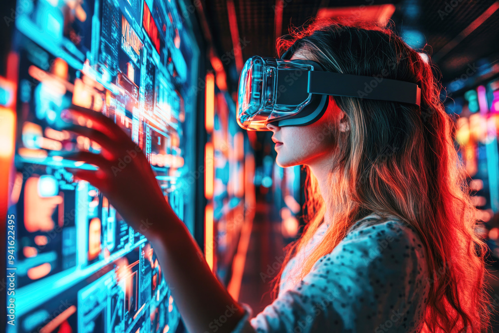 Poster a woman operates augmented reality interfaces on a digital screen, utilizing advanced technology in 