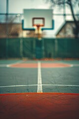 Basketball court outdoors with hoop and surrounding landscape