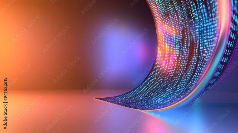Poster a 3d of a digital code scroll, with a gradient background. the scroll symbolizes knowledge, progress