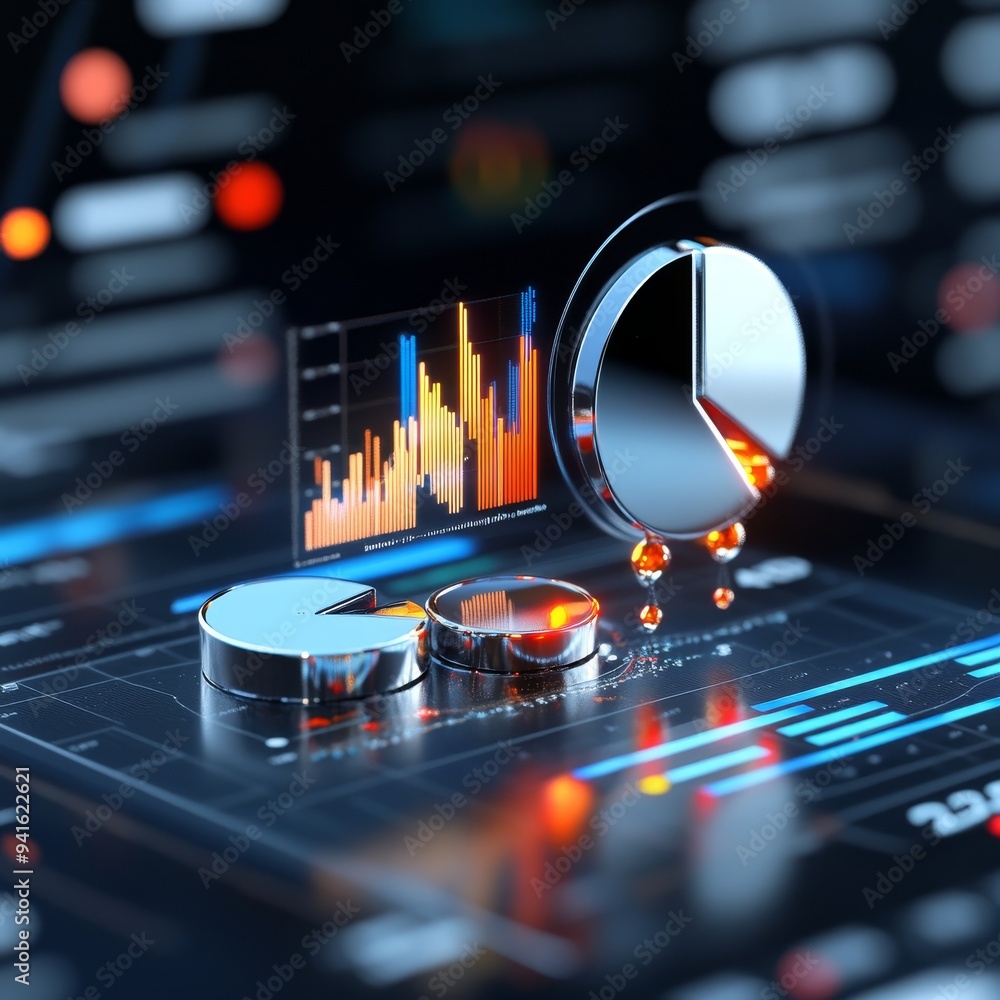 Poster a 3d of a futuristic dashboard showing various data visualizations, including pie charts and bar gra