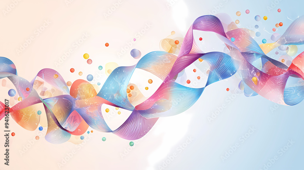 Poster colorful abstract waves and spheres create dynamic and vibrant composition, evoking sense of movemen
