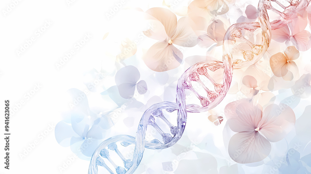 Poster a colorful dna strand intertwines with soft floral elements, creating serene and harmonious atmosphe