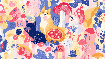 Obraz premium Colorful illustration of playful dogs surrounded by whimsical mushrooms and plants, evoking joyful and vibrant atmosphere.