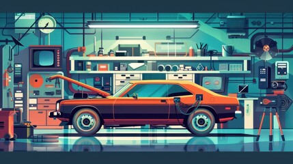 Fototapeta premium Vintage car in a neon-lit garage with open hood, surrounded by tools and equipment, embodies retro automotive repair and maintenance.