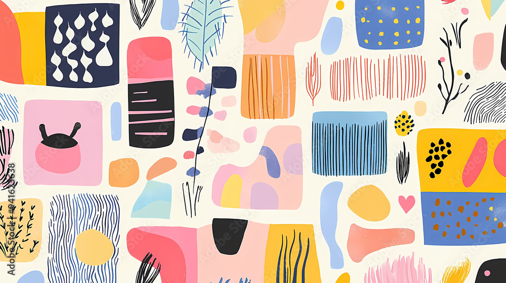 Poster colorful abstract patterns create vibrant and playful atmosphere, evoking feelings of joy and creati
