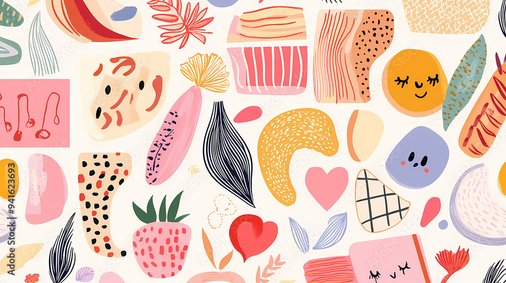 Poster colorful abstract patterns with playful shapes and cheerful expressions create vibrant and joyful at