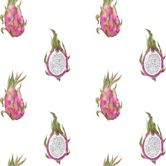 Seamless pattern with pitahaya,dragonfruit,pitaya. Hand drawn watercolor illustration of pitahaya for fabric design,cover,tropical wallpaper.