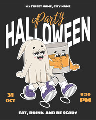 Halloween party invitation with a glass of whiskey and ghost characters. Halloween party flyer layout for advertising, web, social media. 70s 80s style vector illustration