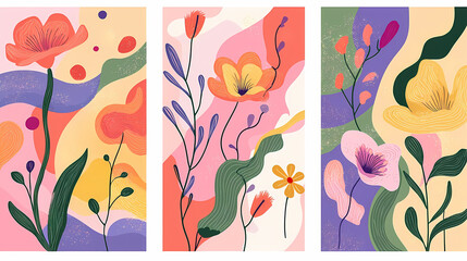 Colorful floral illustrations with vibrant flowers and abstract shapes evoke cheerful and lively atmosphere.