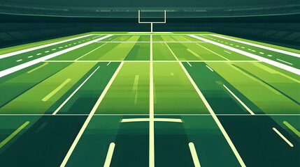 A flat vector illustration of an American football field background, featuring a stylized gridiron with clearly marked yard lines, and a centered frame for text. Earthy green tones