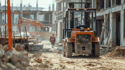 A rough terrain forklift moving heavy materials on a construction site, with workers guiding the load