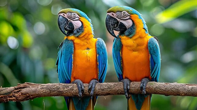 Adorable pair of macaw parrots perched on a branch