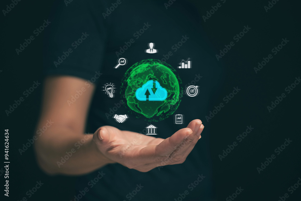 Poster businessman uses a tablet. cloud computing disk is displayed on his hand. cloud technology data stor
