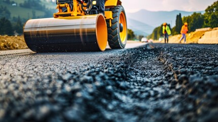 A team of road construction workers using an asphalt road roller to compact a freshly paved surface