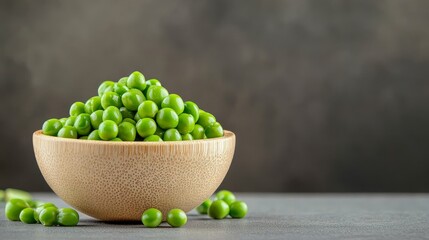 A bowl overflowing with vibrant green peas, symbolizing freshness, health, nature's bounty, and a healthy lifestyle. The wooden bowl adds a touch of rustic charm, emphasizing the natural and wholesome