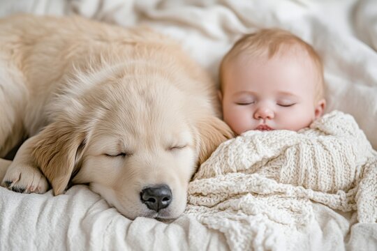 A peaceful scene where a baby and a golden retriever puppy are snuggled together, both sleeping blissfully under a cozy knitted blanket on a white bed. - Powered by Adobe