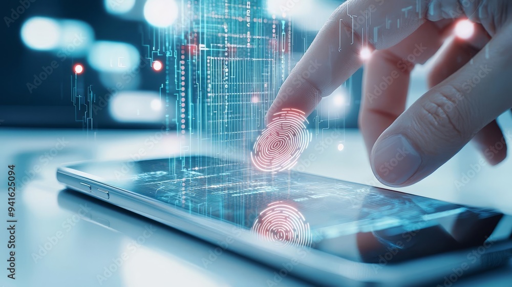 Poster a close-up of a finger touching a smartphone screen, showcasing biometric authentication with a holo
