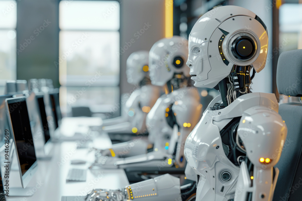 Poster multiple robots seated at desks, focused on computer screens in a contemporary office environment, i