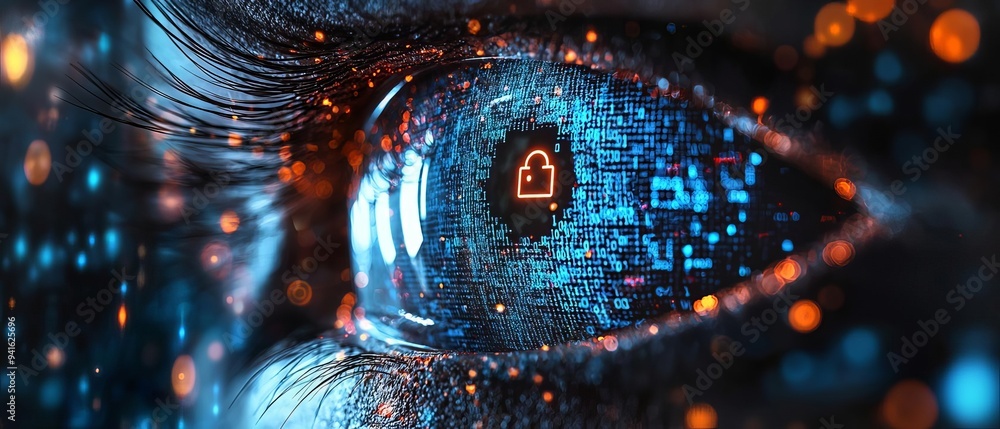 Poster a close-up view of an eye with digital security elements, symbolizing vision and technology in the f