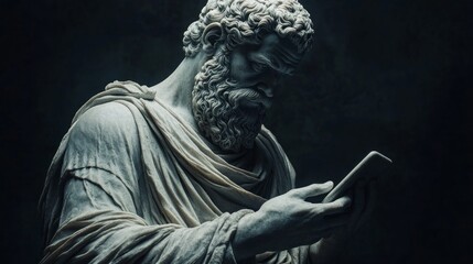 Obraz premium A statue of a bearded man holding a cell phone