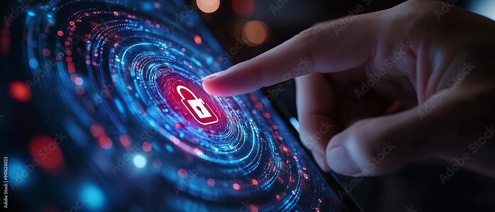 Poster a digital interface showcasing cybersecurity with a hand pressing a lock icon, symbolizing protectio