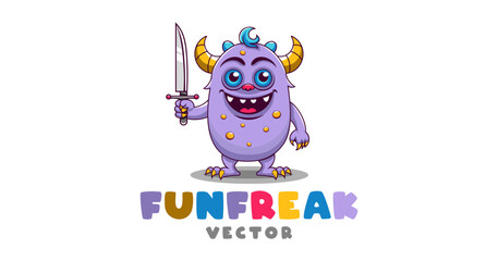 Vector cartoon funny smiling cute horned lilac freak with knife. Toon monster. Isolated white background.