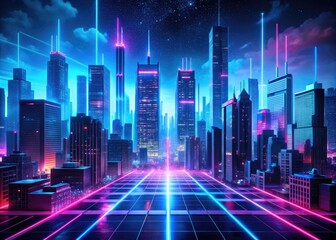 Cyberpunk Cityscape: Futuristic neon grid, urban dystopia, blue and pink hues, gritty texture, digital art