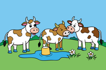 Grazing Cows Drinking Vector Illustration - Farm Animal SVG, Cricut Files, Clipart, and T-Shirt Graphics