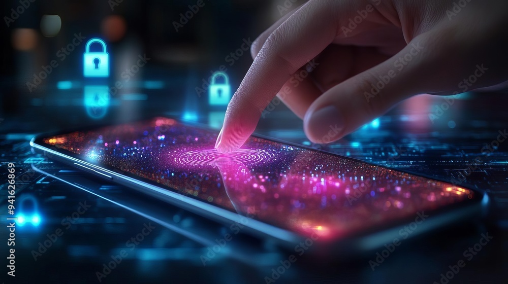 Poster a futuristic smartphone with a cosmic display, highlighting touch interaction and digital security c