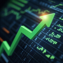 Close-Up of Stock Market Chart with Upward Green Arrow Indicating Profit Growth

