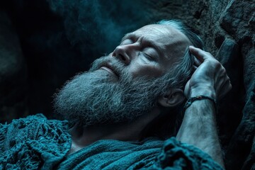 An elderly man with a long beard is resting in a cave, his hand touching his head. The ambient light and smoke create a mysterious and contemplative atmosphere.