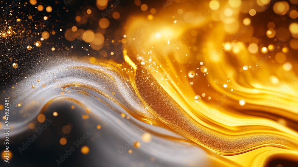 Poster a captivating abstract background with shimmering gold and silver swirls, illuminated by sparkling b