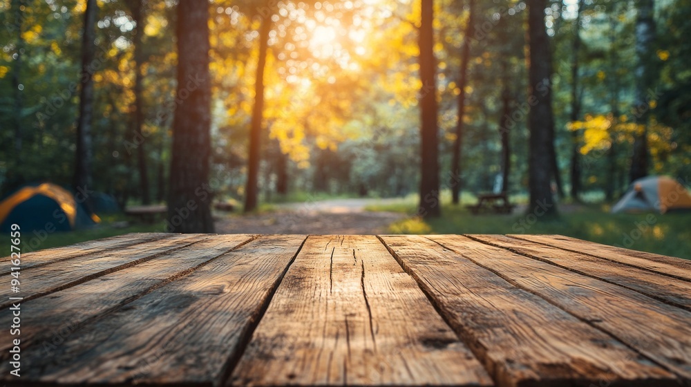 Poster a wooden table with a view of a forest and a campground