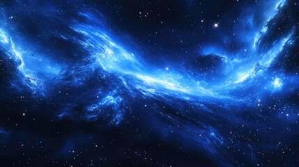 Obraz premium Deep blue galaxy with scattered stars and light trails, swirling cosmic clouds forming a mesmerizing celestial scene