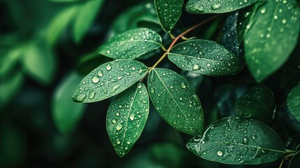 Droplets of water on fresh green leaves, creating a tranquil and refreshing nature background