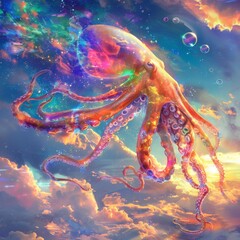 Fantasy painting of an octopus with a glowing head and bubbles floating in the sky.