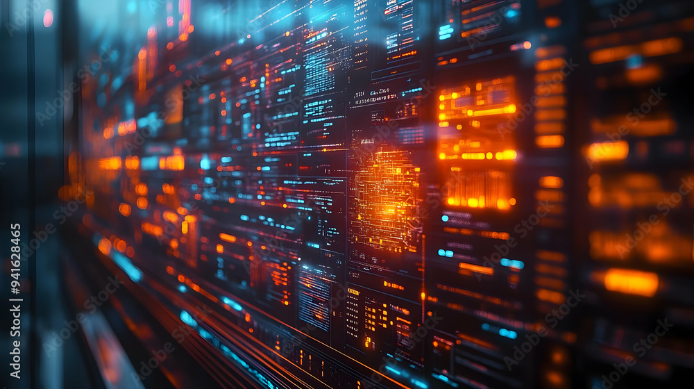 Poster abstract 3d digital data interface background with blue and orange glowing lines