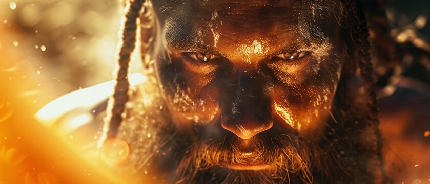 Bathed in golden hues, the Slavic god of the sun gazes intensely, evoking power and warmth amid a serene forest backdrop, merging mythology and nature